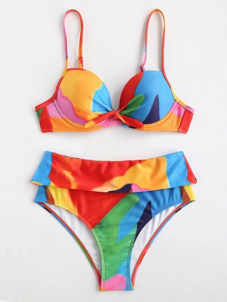 

color block knot front underwire bikini swimsuit 84r1#, White;black