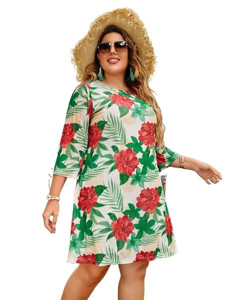 

plus tropical print tee dress d5aj#, Black
