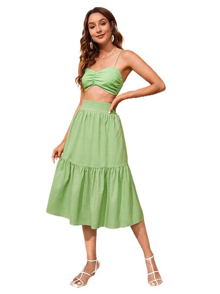 

ruched crop cami & ruffle hem skirt 79zb#, White