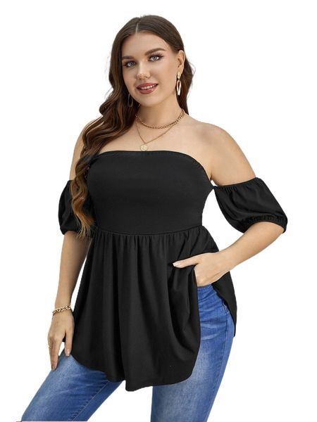 

sxy plus off shoulder puff sleeve peplum rib-knit tee 04ev#, Black