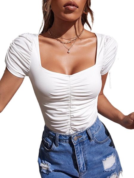 

square neck ruched side tee k84t#, White