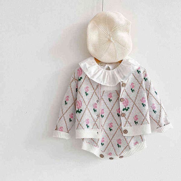 

milancel 2021 new baby clothes set toddler bodysuits rose sweater 2 pcs girls outfit infant sweater suit aa220323, White