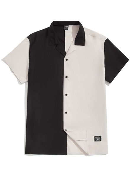 

men drop shoulder patch detail colorblock shirt v9d7#, White;black