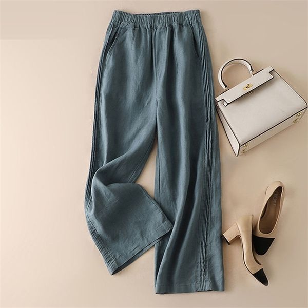 

new arrival summer arts style women elastic waist loose anklelength pants vintage cotton linen wide leg pants plus size m142 201012, Black;white