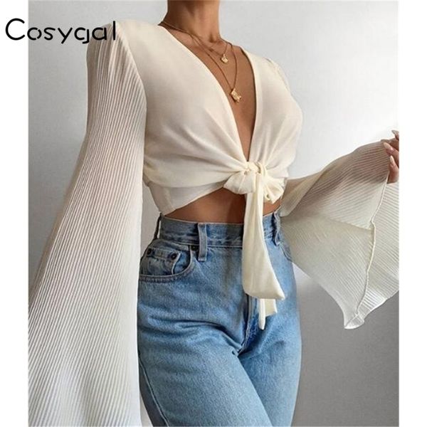 

cosygal fashion women strapless white crop ruffles v neck tank elegant long sleeve party club shirts female streetwear y200828