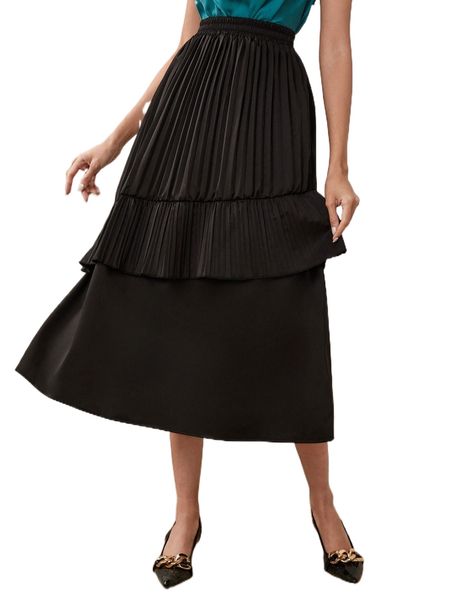 

solid pleated ruffle trim skirt b3ig#, Black