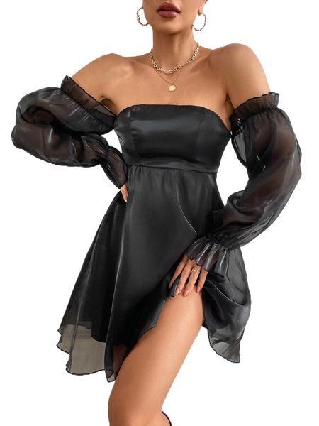 

off shoulder flounce sleeve dress d7c7#, Black;gray