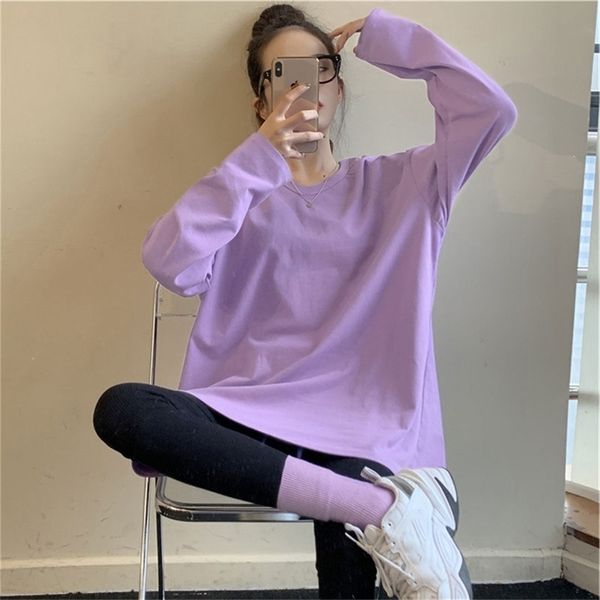 

summer women's fashion korean o-neck long sleeve purple t-shirt 220411, White