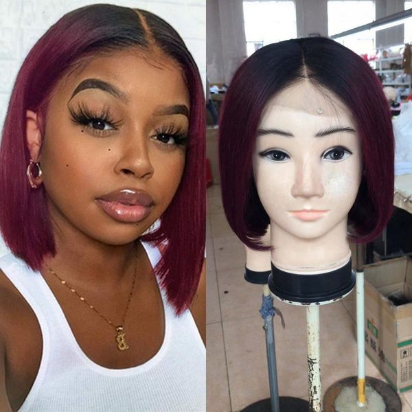 

cambodian short bob 13x4 lace front wig 1b 99j straight burgundy human hair wig ombre wine red for women, Black;brown