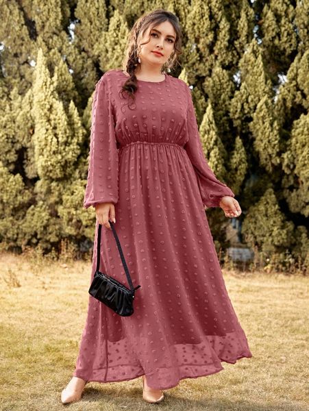 

plus swiss dot bishop sleeve maxi a-line dress h1ab#, Black