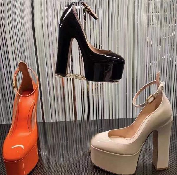 

ankle band patent leather platform pumps shoes women's thick bottom and thick heel high-heeled sandals 15cm luxury designers dress shoe, Black