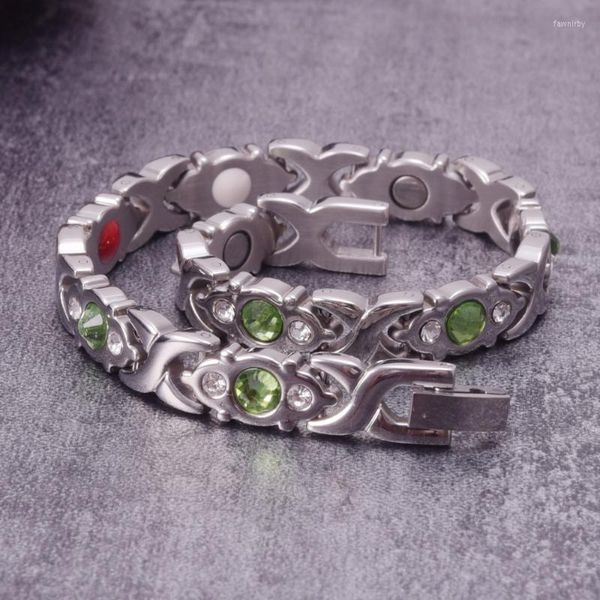 Связанная цепочка магнитные браслеты для женщин зеленые кристаллы поперечная браслет из нержавеющей стали терапия артритом заживление энергия браслет Fawn22