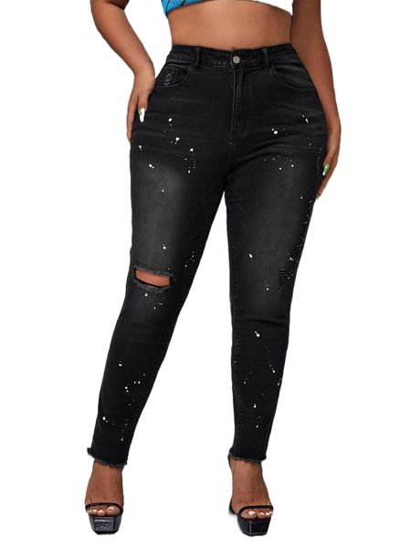 

sxy plus splash ink print ripped raw hem washed jeans 593c#, Blue