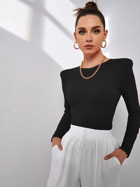 

padded shoulder rib-knit slim tee p5r8#, White