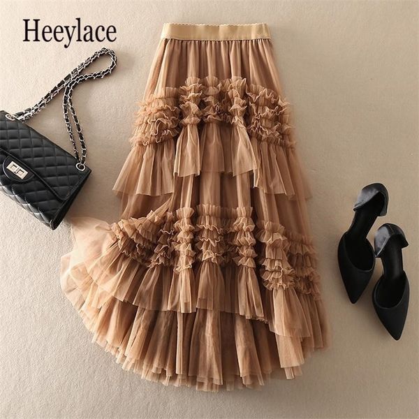 

autumn sweet cake layered long mesh skirts princess high waist ruffled vintage tiered tulle pleated ins skirts 220611, Black