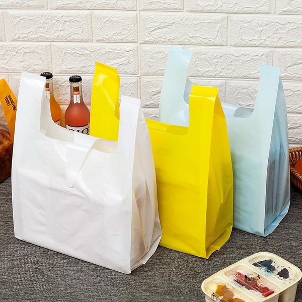 Geschenkpapier 50 Stück einfarbig verdickte Plastiktüte zum Mitnehmen Dessert Supermarkt Lebensmitteleinkaufstaschen mit Griff Lebensmittelverpackung BagGift