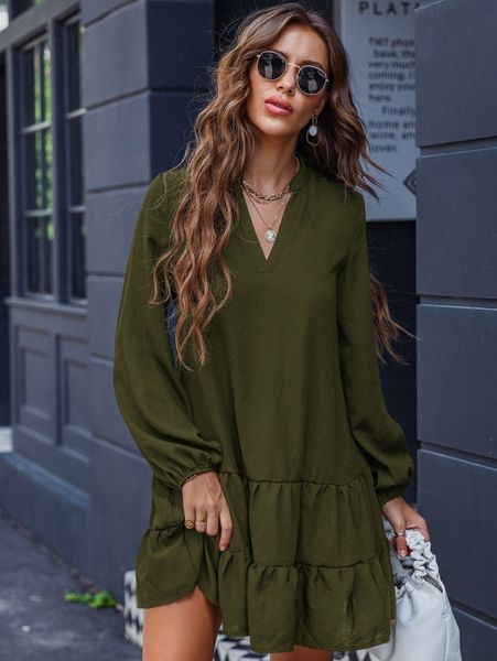 

v-neck ruffle hem smock dress p1ni#, Black;gray