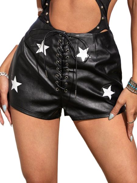 

high waist star print criss cross lace up patent shorts a8ti#, White;black