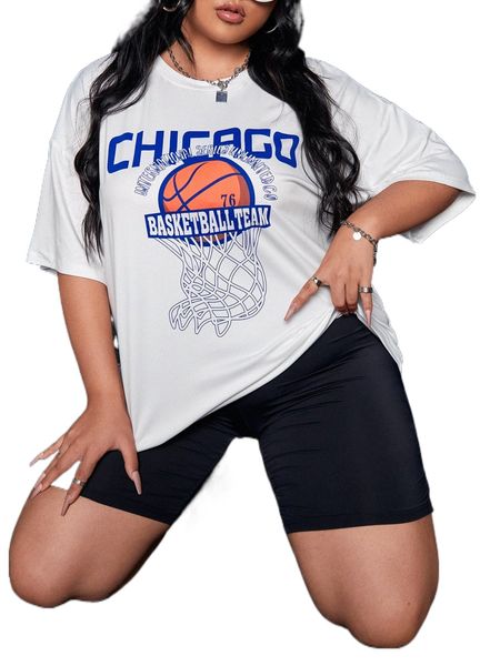 

plus basketball & letter graphic drop shoulder oversized tee w8l0#, Black