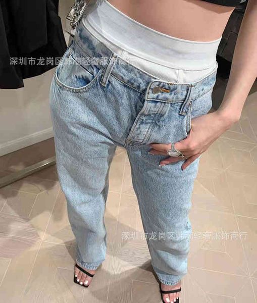 

women's jeans shenzhen nanyou dawangjia aw letter webbing double waist design fade wash straight tube jeans women, Blue