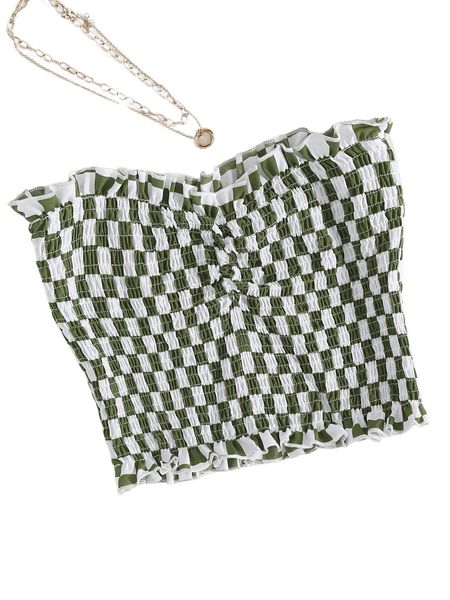 

checker print shirred frill trim tube g0nt#, White