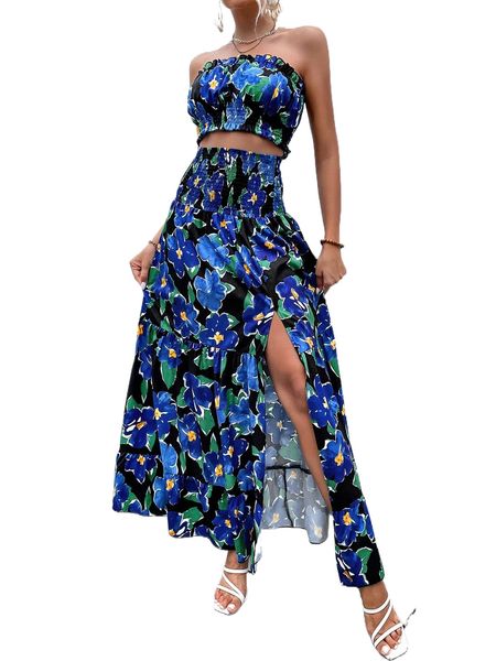 

floral print shirred frilled crop tube & split thigh skirt e0mz#, White