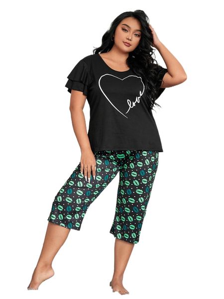 

plus heart & lip print pj set c95u#, Black;white