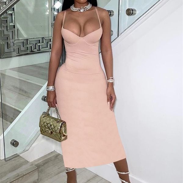 

kliou solid elegant maxi dress women spahgetti strap low neck body-shaping cleavage skirt party clubwear female vestidos 220506, Black;gray