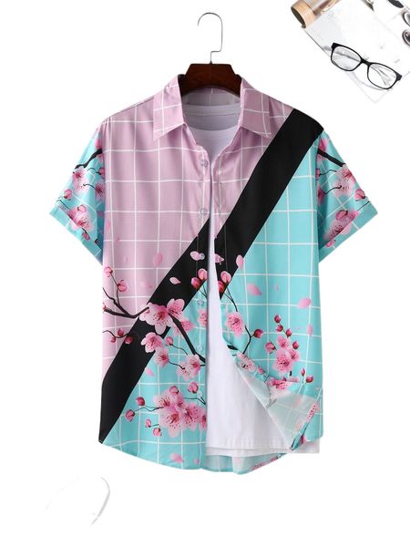 

men windowpane & floral print shirt without tee 41m4#, White;black