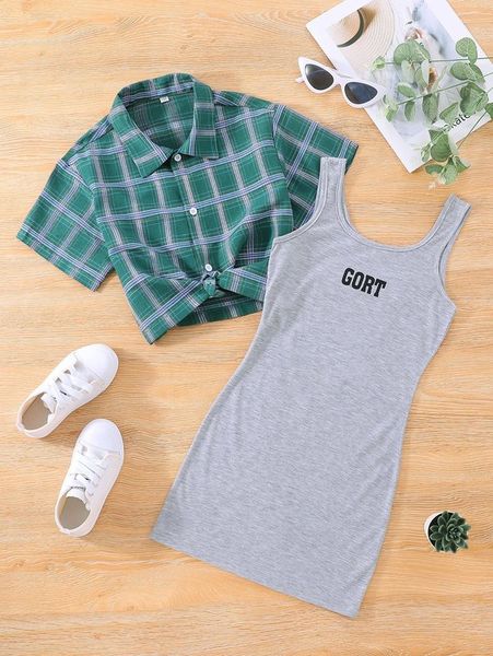 

girls plaid button front blouse & letter graphic tank dress she, White