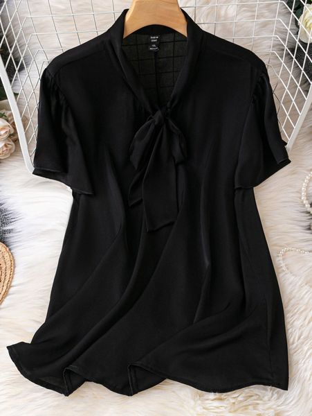 

plus tie neck butterfly sleeve blouse n3sz#, Black
