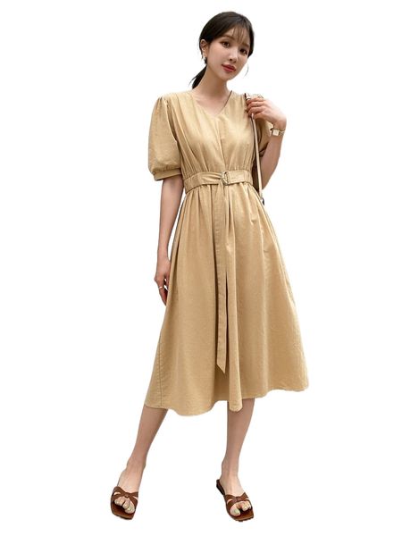 

dazy v neck puff sleeve belted a-line dress i1fn#, Black;gray