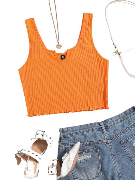 

plus neon orange notched neck rib-knit tank z8nl#, Black