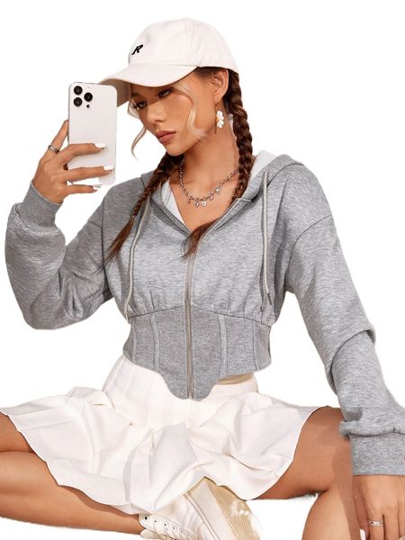 

drop shoulder zip up crop hoodie n8sw#, Black
