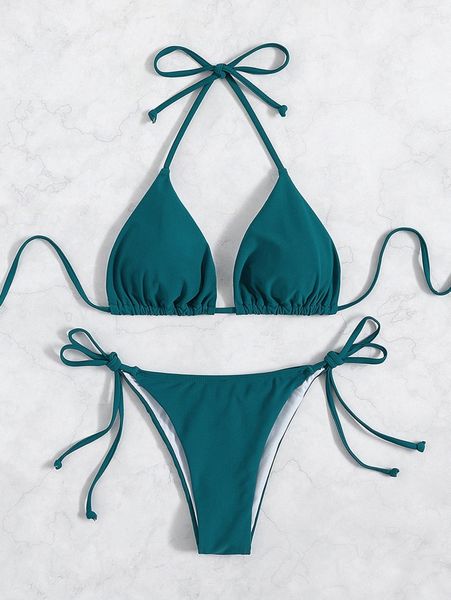 

halter triangle tie side bikini swimsuit 68r5#, White;black