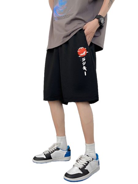 

men crane & japanese letter graphic shorts p5ff#, White;black