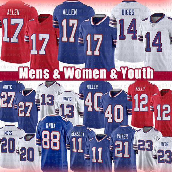 

stefon diggs dawson knox josh allen football jersey von miller o.j. howard micah hyde gabriel davis poyer thurman thomas bruce smith, Black