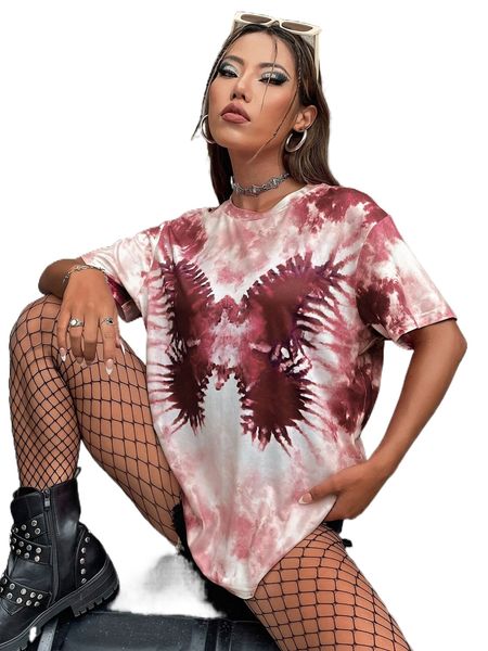 

tie dye butterfly print drop shoulder tee g99w#, White