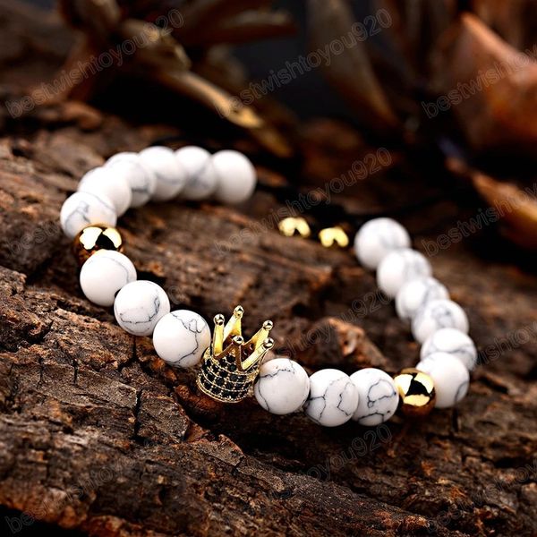 

natural white turquoises stone beads bracelet for men women yoga bracelets elastic rope gold silver color crown jewelry gift, Golden;silver
