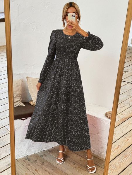 

ditsy floral shirred ruffle hem a-line dress a6af#, Black;gray