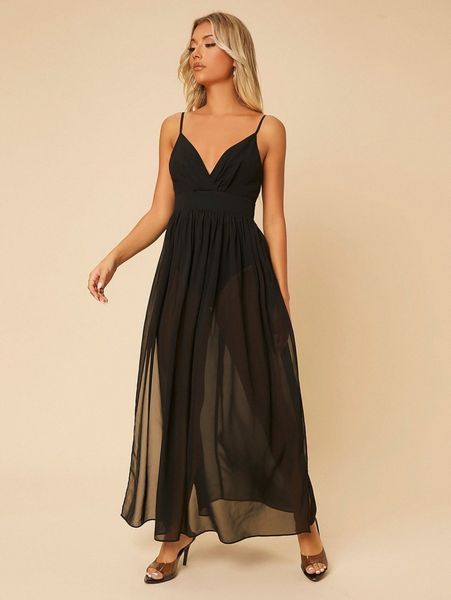 

petite split thigh maxi cami dress with panty b1eq#, Black;gray