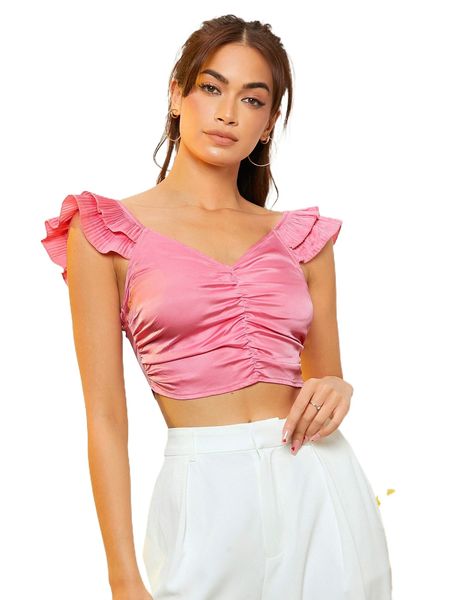 

ruched ruffle trim zip back crop satin 21jn#, White