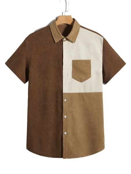 

men colorblock pocket patched cord shirt f39e#, White;black