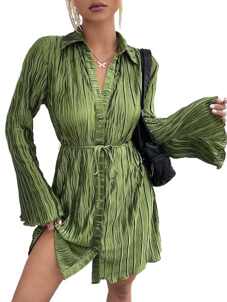 

textured button front belted shirt dress 81u2#, Black;gray