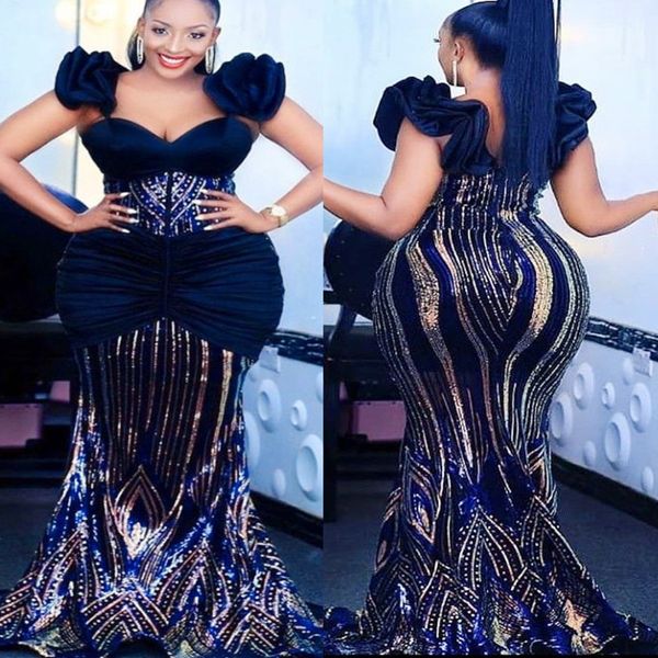 2022 Plus Size Arabo Aso Ebi Navy Blue Mermaid Prom Dresses Sparkly Pizzo Sera Festa formale Secondo ricevimento Compleanno Abiti di fidanzamento Abito ZJ221