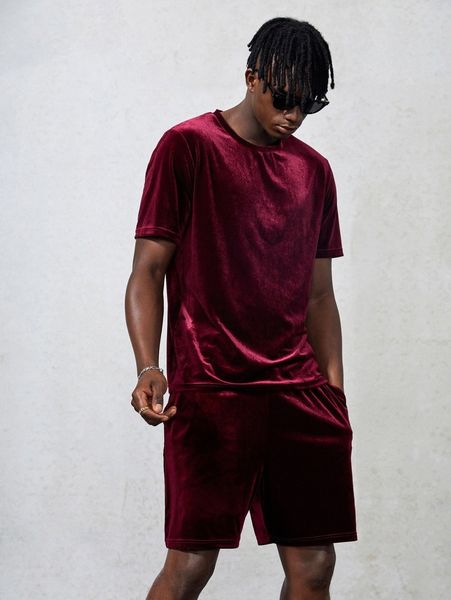 

men velvet tee & drawstring waist shorts i03n#, Gray