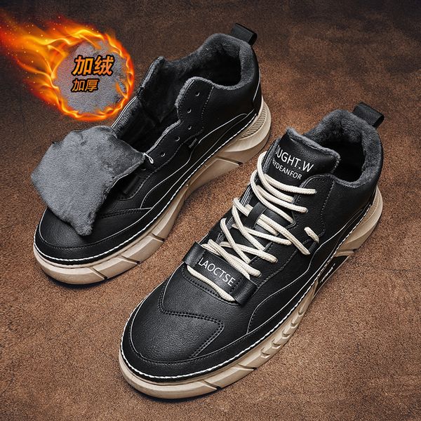 

winter 2022 new high-sports fur warm shoes leisure leather platform snow sneakers walking booties deportivas hombre, Black