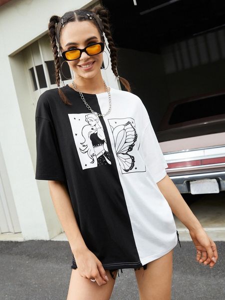 

x siji figure and butterfly print two tone drop shoulder tee 94ot#, White