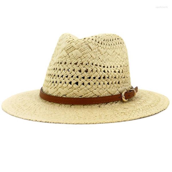 Breite Krempe Hüte HT3580 Stroh Panama Hut Frauen Männer Strand Kappe UV Schutz Jazz Fedora Leder Gürtel Häkeln Sommer Sonne EGER22