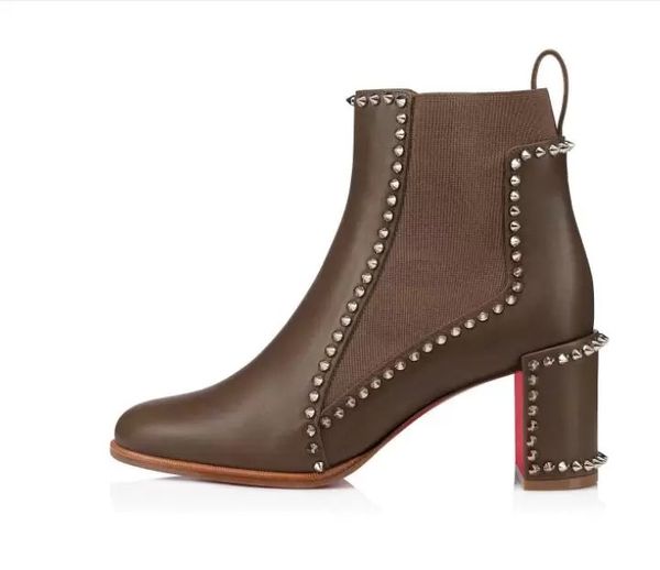 

winter high heel ladies martin boots with leather trim studs casual party boots outdoor walking heels wire stud box red soles shoes, Black